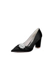 Black Satin High Heels with a Crystal Flower Accent
