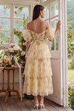 Off the Shoulder Yellow Floral Tiered Ruched Wedding Guest Dress