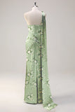 Sage White Flower Sheath One Shoulder Streamer Satin Long Bridesmaid Dress