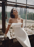 Simple Sheath Off The Shoulder Ankle Length Satin Wedding Dresses
