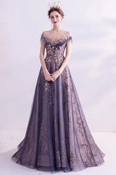 Sparkly Purple A Line Tulle Long Prom Dress