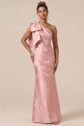 Blush Pink Mermaid One Shoulder Floral Long Bridesmaid Dress with Bow