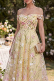 Floral Light Yellow Off the Shoulder Long Wedding Guest Dress