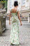 Green Large Flower Sheath Ruched Long Bridesmaid Dress