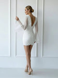 Sheath V Neck Long Sleeves Short Mini Tulle Little White Wedding Dresses