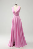 Pink A Line Deep V Neck Backless Long Bridesmaid Dress with Slit