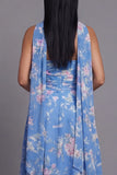 Strapless Blue Floral Ruched A Line Midi Wedding Guest Dress with Sash