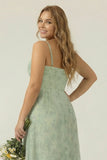 Dusty Sage Sheath Spaghetti Straps Pleated Long Plus Size Bridesmaid Dress with Slit