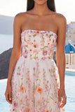 Strapless Pink A Line Floral Wedding Guest Dress