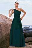 Dark Green One Shoulder Chiffon Pleated A Line Long Bridesmaid Dress