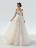 A Line Off The Shoulder Tulle Wedding Dresses With Appliques Lace