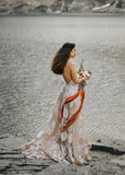 Bohemian A Line Backless Spaghetti Straps Sleeveless Lace Emboridery Wedding Dresses