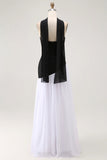 White Black Strapless Sheath Convertible Maxi Dress with Slit