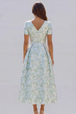 Blue White Floral A Line V Neck Wedding Guest Dress with Short Sleeves