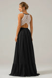 A Line Halter Pleated Keyhole Chiffon Bridesmaid Dress With Lace