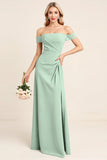 Mint Sheath Off The Shoulder Long Bridesmaid Dress with Slit