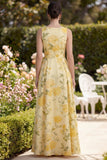 A Line Yellow V Neck Floral Wedding Guest Dress with Slit