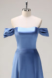 Dusty Blue A Line Off The Shoulder Ruched Long Bridesmaid Dress