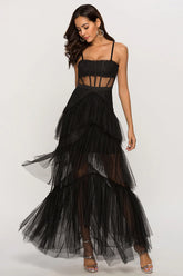Black Corset Asymmetrical Tulle Maxi Dress