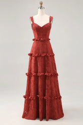 Terracotta A line Ruffled Floral Burnout Maxi Bridesmaid Dress with Lace Up Back