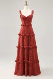 Terracotta A line Ruffled Floral Burnout Maxi Bridesmaid Dress with Lace Up Back