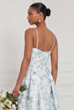 Floral Printed Blue White A Line Long Bridesmaid Dress