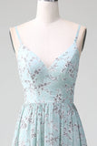 Grey Green A Line Spaghetti Straps Tiered Print Long Bridesmaid Dress With Ruffles