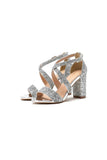 Silver Sequined Cross Straps Open Toe Chunky Heels