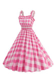 Pink Plaid A Line Smocked 1950s Dress