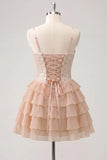 Champagne A Line Sequin Tiered Ruffle Short Homecoming Dress
