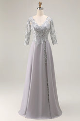 Silver Appliqued A Line V Neck Long Mother Of The Bride Dress with Lace Up Back