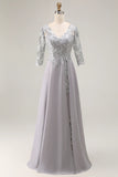 Silver Appliqued A Line V Neck Long Mother Of The Bride Dress with Lace Up Back
