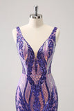 Sparkly Dark Purple Bodycon V Neck Backless Short Homecoming Dress with Sequins