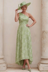 One Shoulder A Line Sage Green Floral Mother of the Bride Dress with Back Bow
