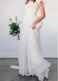 Beach Chiffon A Line Simple White Wedding Dress with Short Sleeves