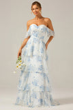 White Blue Floral A Line Off The Shoulder Tiered Print Bridesmaid Dress
