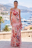 One Shoulder Pink Red Flower Ruched Wedding Guest Dress