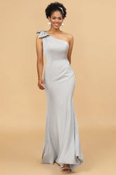Mermaid One Shoulder Satin Long Bridesmaid Dress With Bowknot