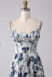 Blue A Line Spaghetti Straps Pleated Printed Long Bridesmaid Dress With Slit