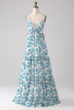 Blue Flower A Line Spaghetti Straps Backless Long Bridesmaid Dress With Ruffles
