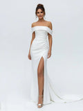 Mermaid Satin Off the Shoulder Sheath Wedding Dress with Zipper and Slit