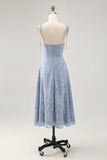 Floral Burnout Dusty Blue A Line Spaghetti Straps Wedding Guest Dress with Slit