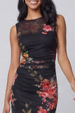 Black Floral Bateau Neck Ruched Midi Wedding Guest Dress