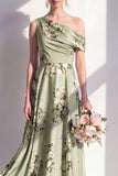 One Shoulder Sage Green A Line Satin Floral Bridesmaid Dress