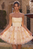 Light Yellow Strapless Floral A Line Short Homecoming Dress