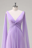 Elegant Lilac A Line V Neck Chiffon Long Bridesmaid Dress with Flowing Cape Sleeves