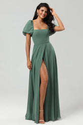 Eucalyptus A Line Square Neck Chiffon Puff Sleeves Bridesmaid Dress With Slit