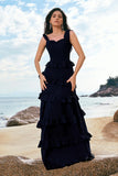 Dark Navy A Line Backless Floor Length Tiered Long Bridesmaid Dress