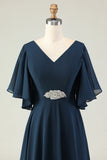 Navy A Line Embroidered Chiffon V Neck Chiffon Mother Dress with Rhinestones