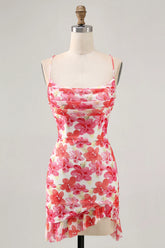 Red Flower Bodycon Ruched Printed Homecoming Dress
